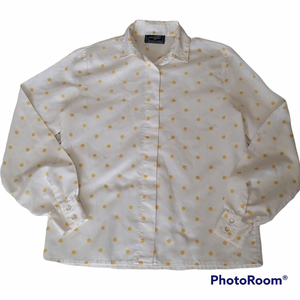 Haberdashery Collection by Personal Petites Yellow Dot Preppy Silky Blouse sz S